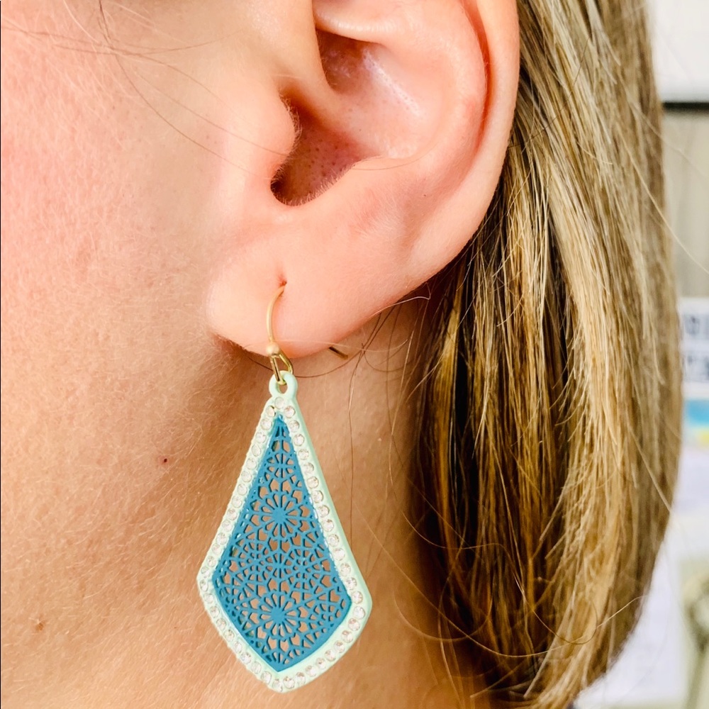 Turquoise Floral Filigree Rhinestone Earrings - Picture 3 of 7